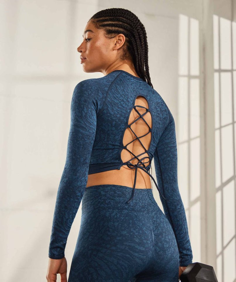 Przycięte Topy Gymshark Adapt Animal Seamless Koronkowe Up Back Damskie Granatowe | PL 907WSD